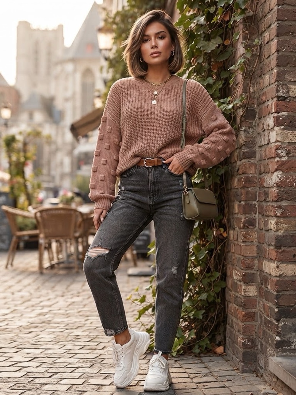 MOON & MADISON Medium Warm Taupe Blush Sweater Knit Pom Pom Puff Sleeves Neutral